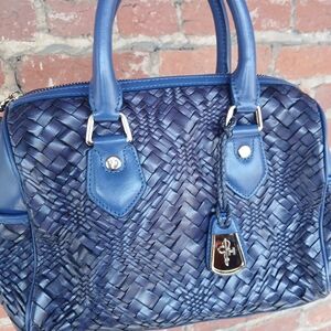 Cole Haan Navy Woven Leather Satchel with Branded Charm